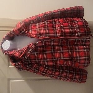 Tommy Hilfiger Plaid Puffer Coat with removable hood. Size: LG. Like New